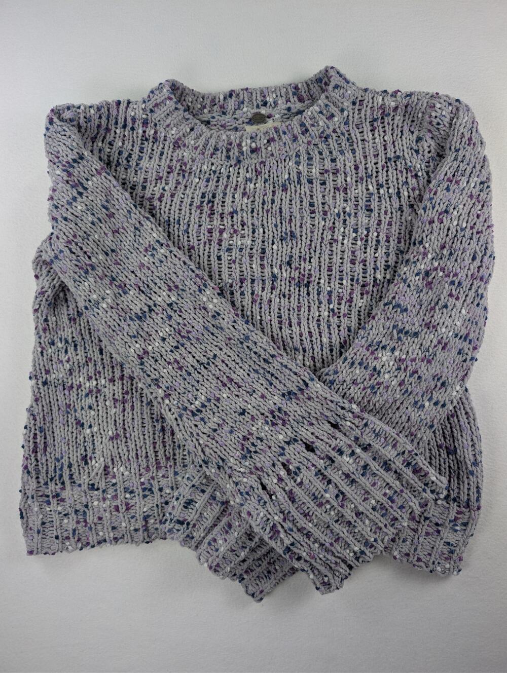Cupio M Speckled Chenille Open Knit Cozy Sweater Gray Purple Blue